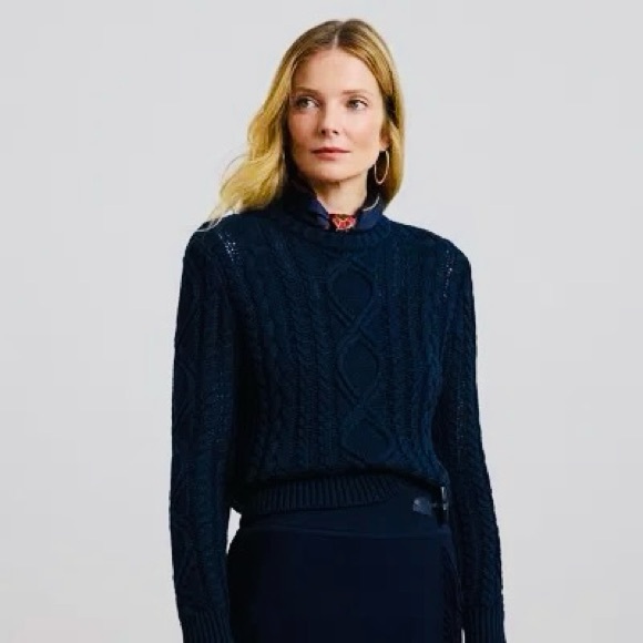 NWT Lauren Ralph Lauren Black Label Aran Stitch Cotton Crewneck Sweater Navy XL - Picture 2 of 16